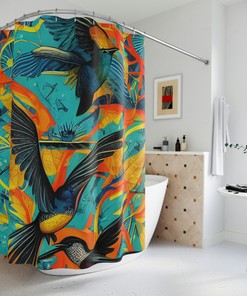 Boho Ai Art Cosmic Humming Birds Print Shower Curtain For Ethereal Bathroom Decor