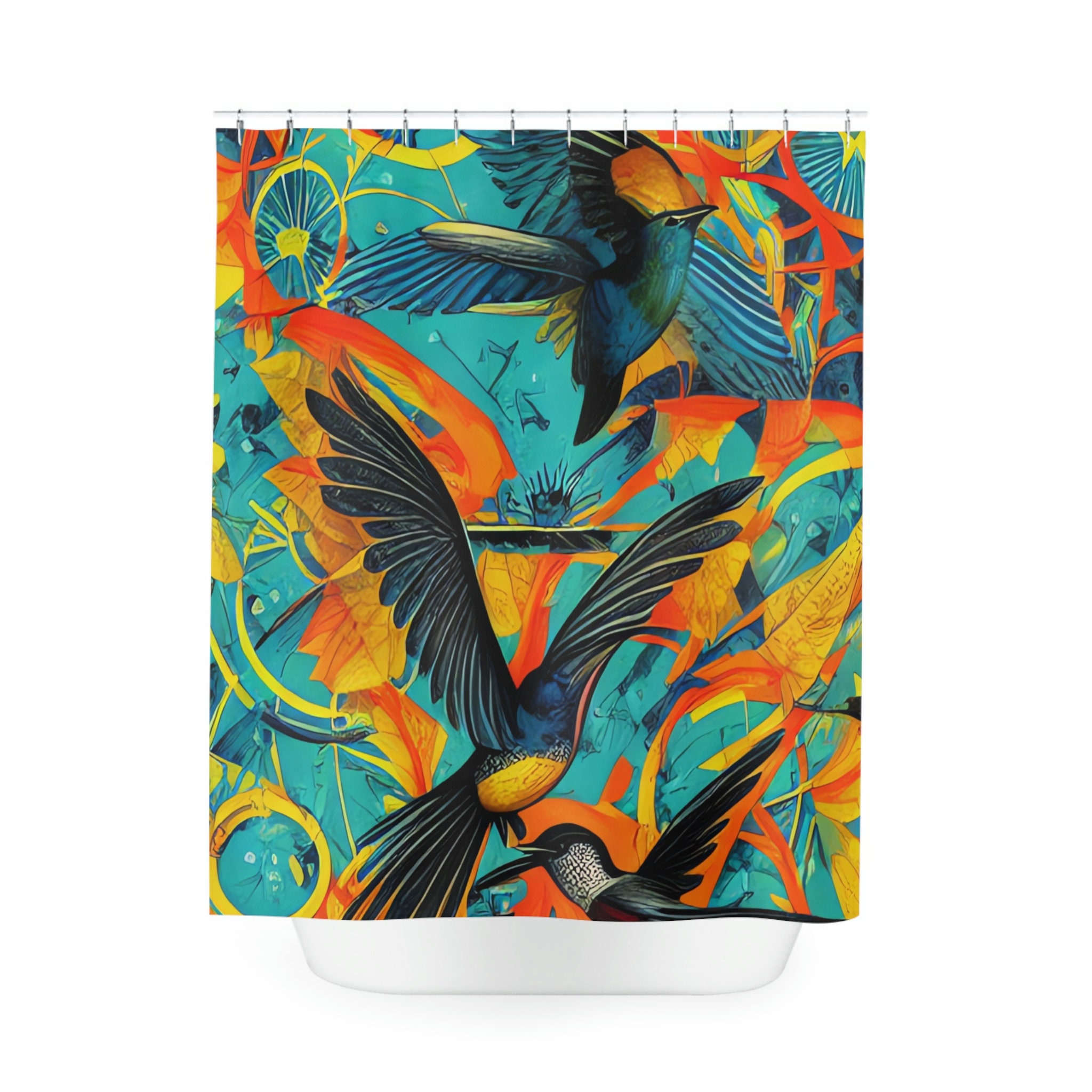 Boho Ai Art Cosmic Humming Birds Print Shower Curtain For Ethereal Bathroom Decor - Image 2