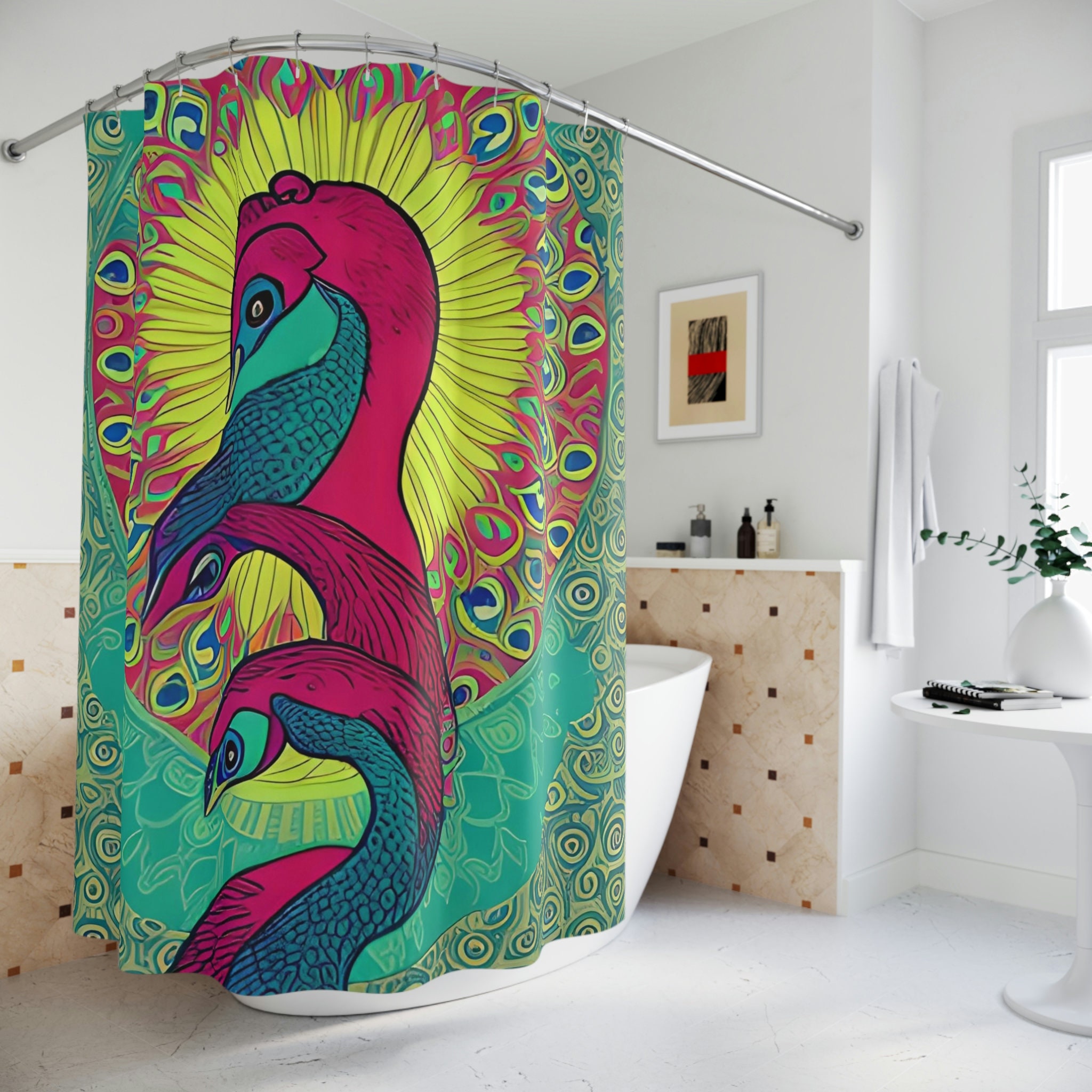 Boho Ai Art Cosmic Peacock Print Shower Curtain For Eclectic Bathroom Decor