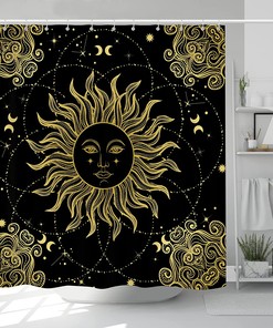 Boho Alchemy Sun Moon Mandala Shower Curtain, Celestial Vintage Astronomy Symbols, Gypsy Print, Bathroom Curtain