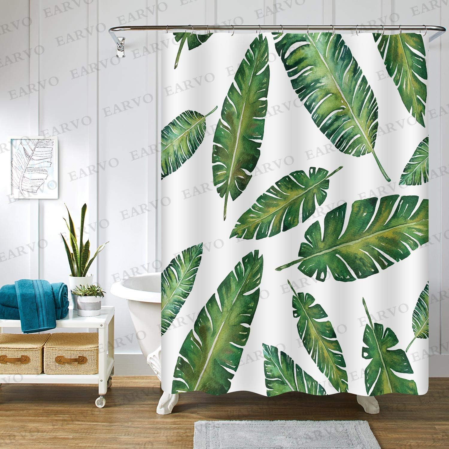 Boho Banana Leaf Tropical Palm Leaves Shower Curtain for Aesthetic Bathroom Decor