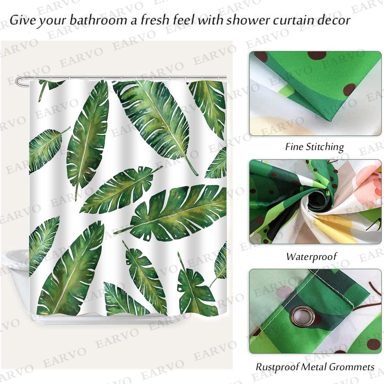 Boho Banana Leaf Tropical Palm Leaves Shower Curtain for Aesthetic Bathroom Decor
