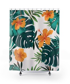 Boho Bath Curtain With Hawaiian Botanical Patterns For Bathroom