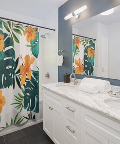 Boho Bath Curtain With Hawaiian Botanical Patterns For Bathroom