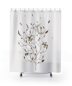 Boho Bathroom Decor White Moon Shower Curtain, Simple and Elegant with Botanical and Bohemian Vibes
