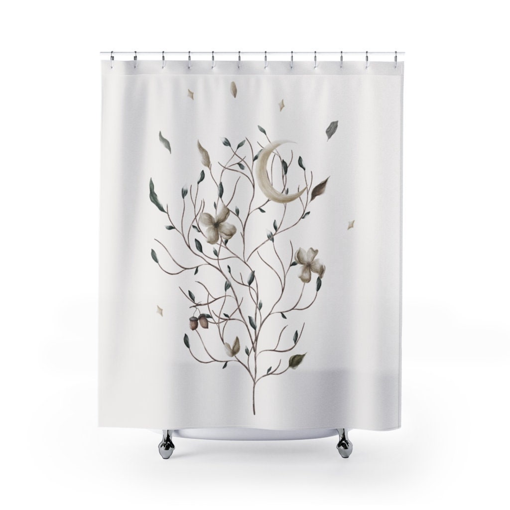 Boho Bathroom Decor White Moon Shower Curtain, Simple and Elegant with Botanical and Bohemian Vibes