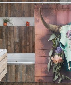Boho Blue And Pink Cow Skull Shower Curtain For Bathroom Refresh Gifts