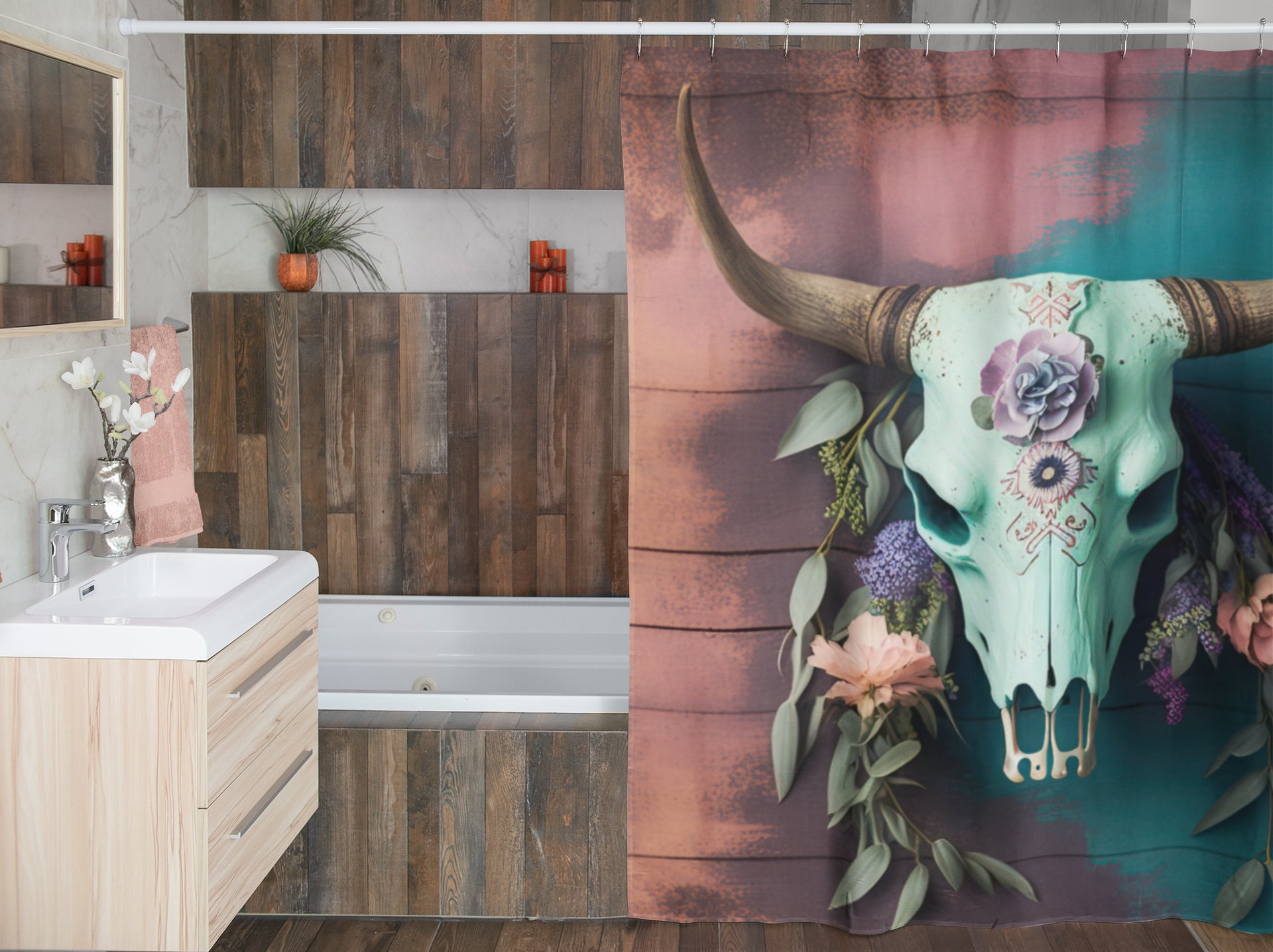 Boho Blue And Pink Cow Skull Shower Curtain For Bathroom Refresh Gifts