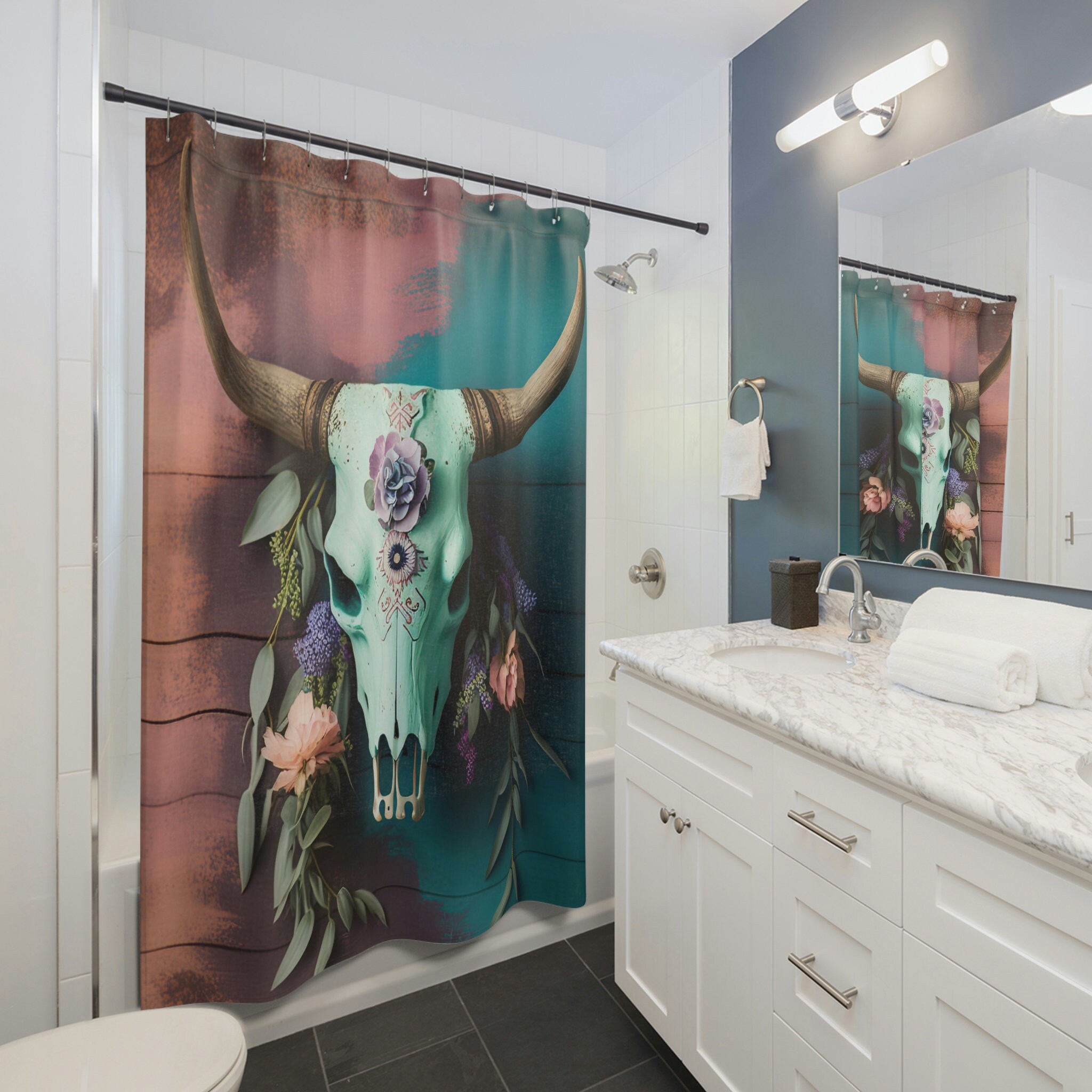 Boho Blue And Pink Cow Skull Shower Curtain For Bathroom Refresh Gifts - Image 2