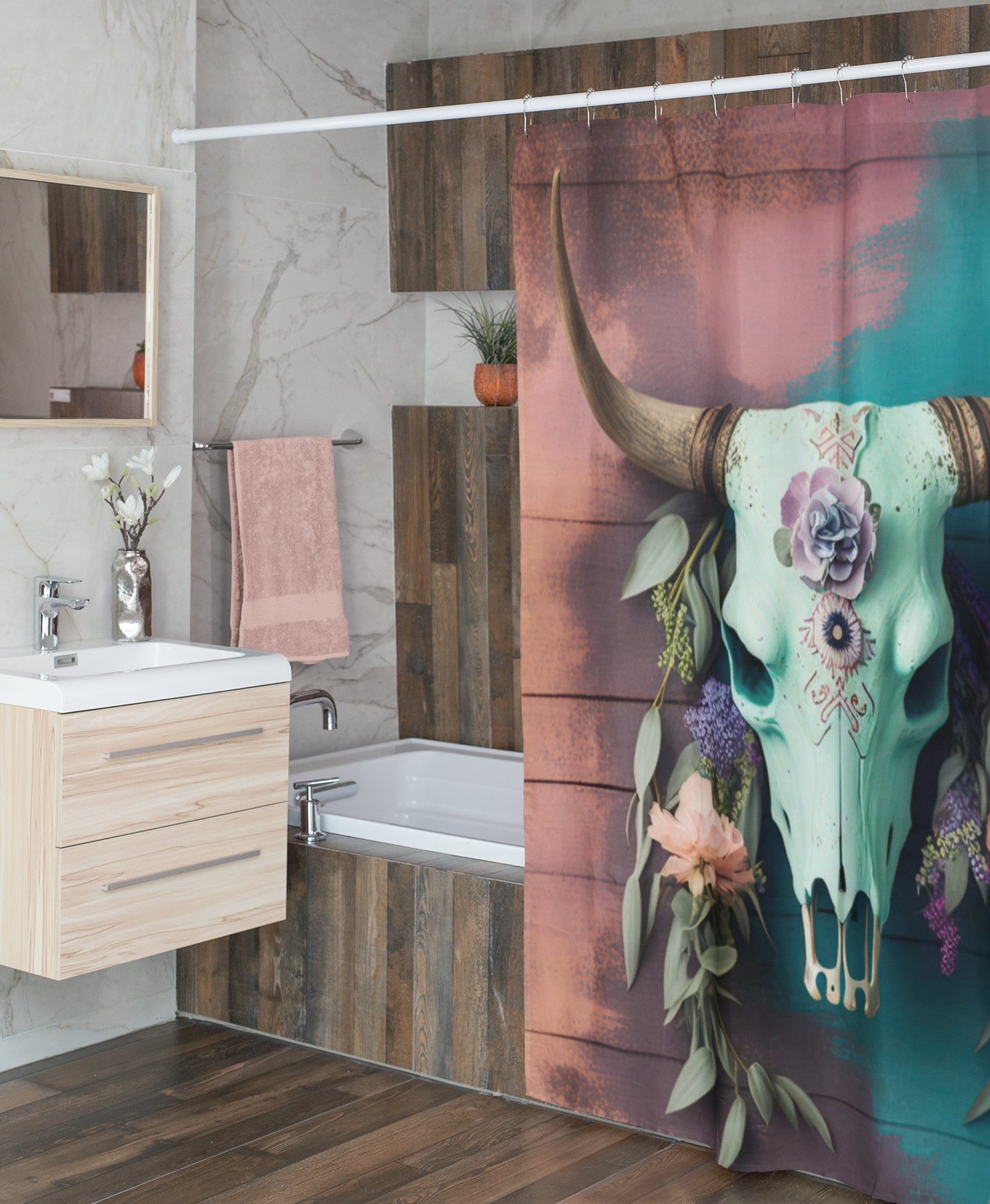 Boho Blue And Pink Cow Skull Shower Curtain For Bathroom Refresh Gifts - Image 3