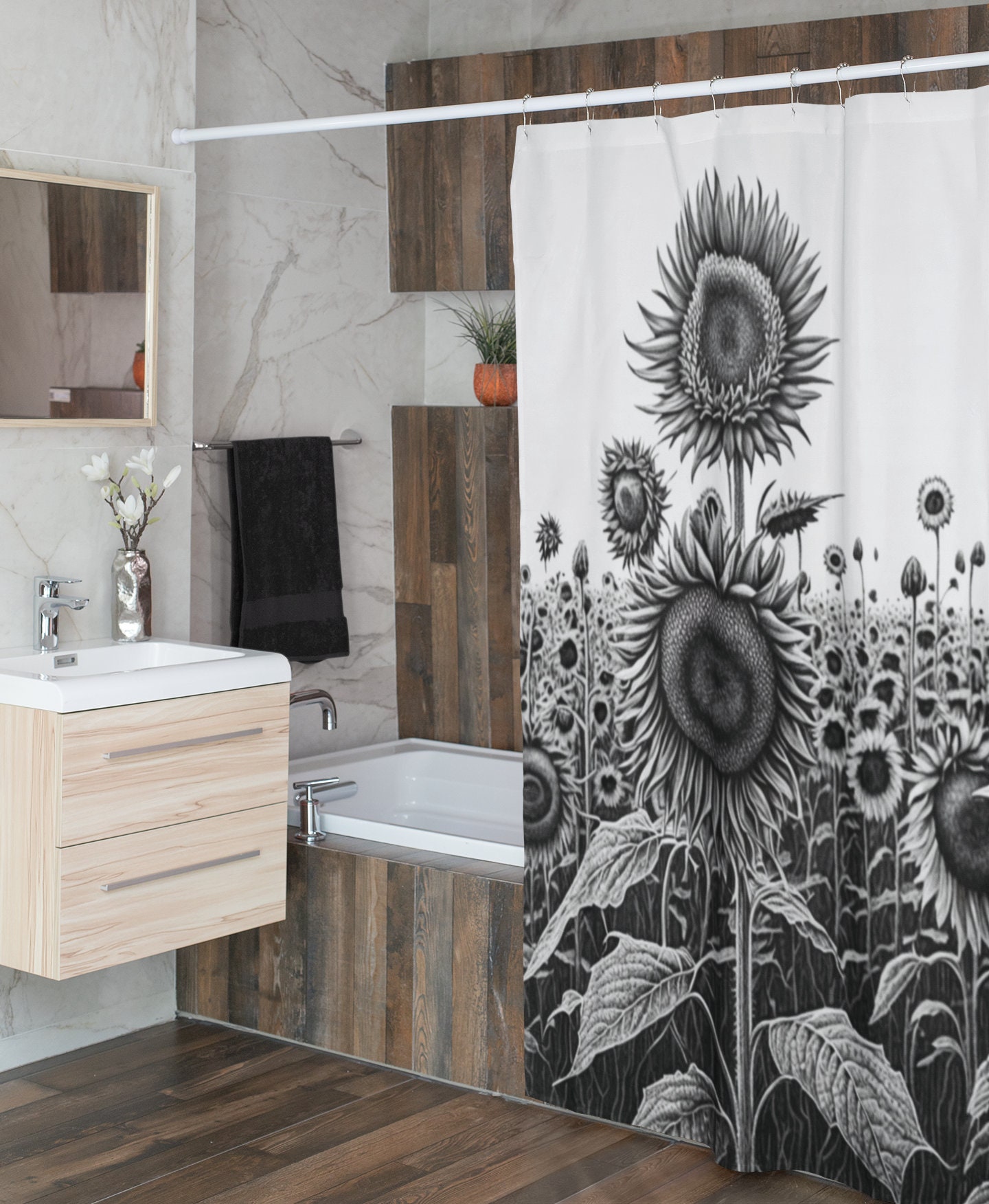 Boho Botanical Shower Curtain with Sunflower and Floral Accents for Bathroom Decor