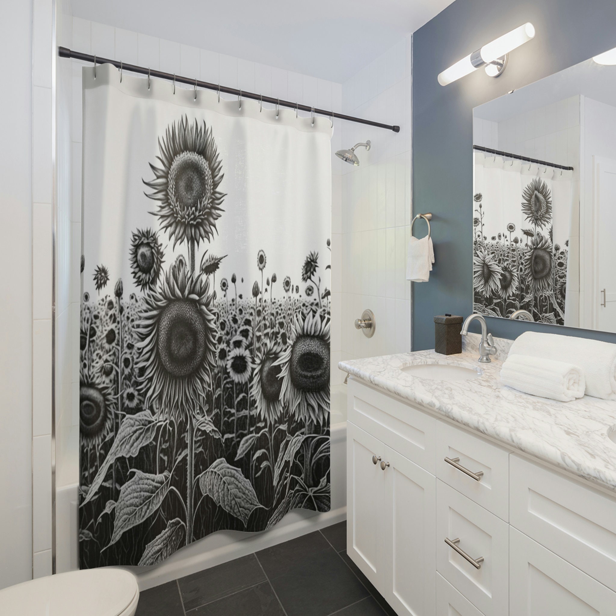 Boho Botanical Shower Curtain with Sunflower and Floral Accents for Bathroom Decor