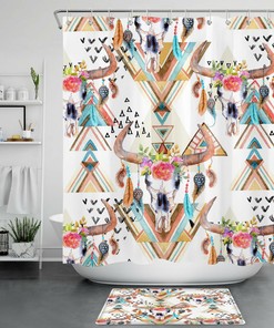 Boho Bull Skull Geometric Pattern Printed Shower Curtain For Bathroom Decor