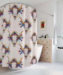 Boho Bull Skull With American Indian Motifs Waterproof Fabric Shower Curtain