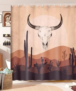 Boho Bullhorn Skull and Cactus Shower Curtain for Bathroom Decor