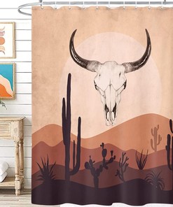 Boho Bullhorn Skull and Cactus Shower Curtain for Bathroom Decor