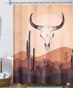 Boho Bullhorn Skull and Cactus Shower Curtain for Bathroom Decor