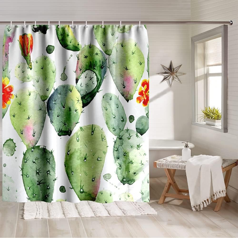 Boho Cactus and Succulent Print Shower Curtain for a Nature-Inspired and Minimalist Bathroom
