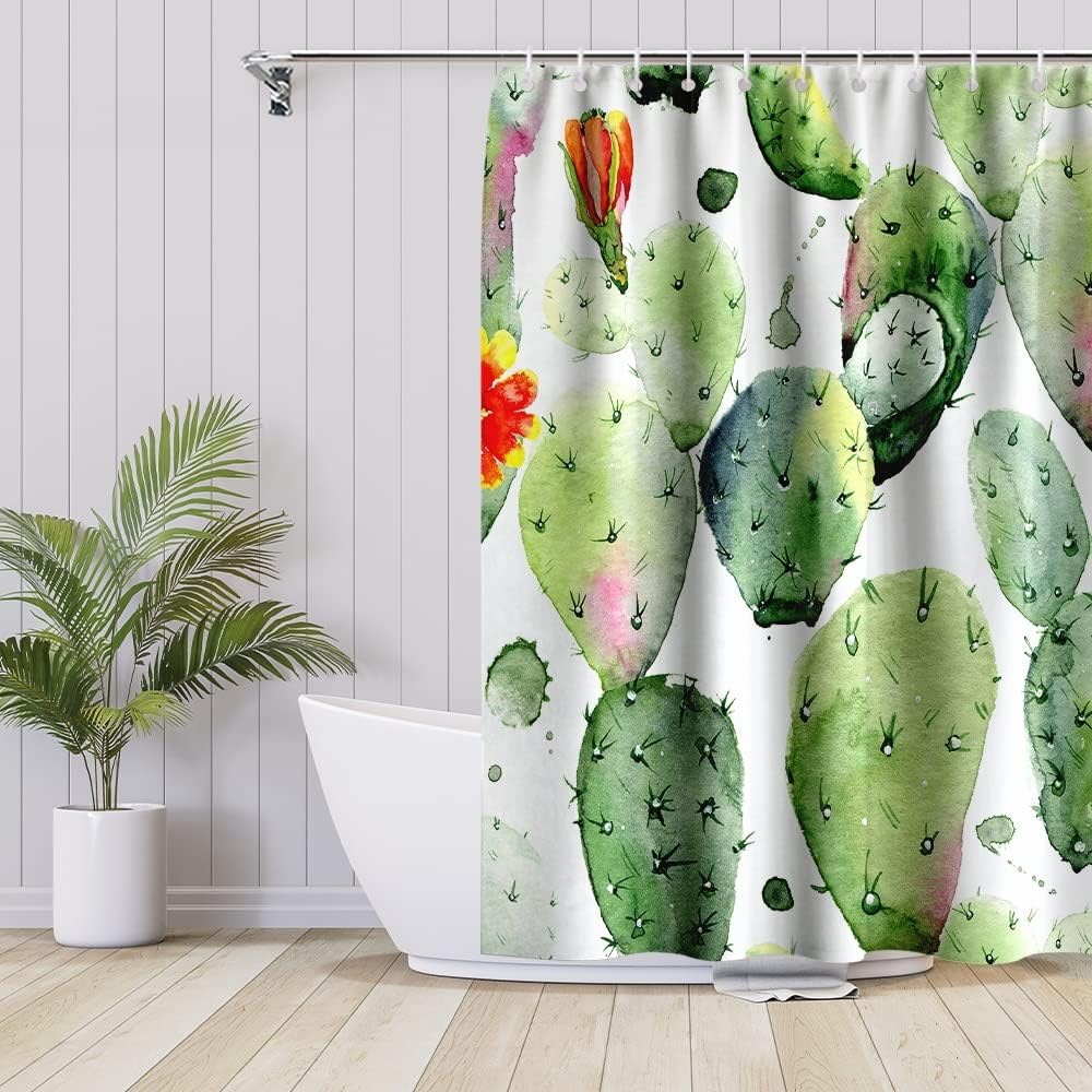 Boho Cactus and Succulent Print Shower Curtain for a Nature-Inspired and Minimalist Bathroom