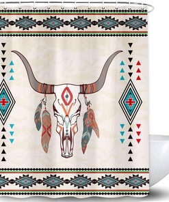 Boho Chic Bull Skull Aztec Geometry Shower Curtain Set - Tribal Cattle Feathers Bath Curtain For Bathroom