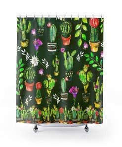 Boho Chic Cactus Pot Plants Shower Curtain For Green Bathroom Decor