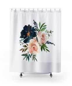 Boho Chic Shower Curtain With A Beautiful Navy Blush Ivory Flower Design - Perfect For Your Bathroom