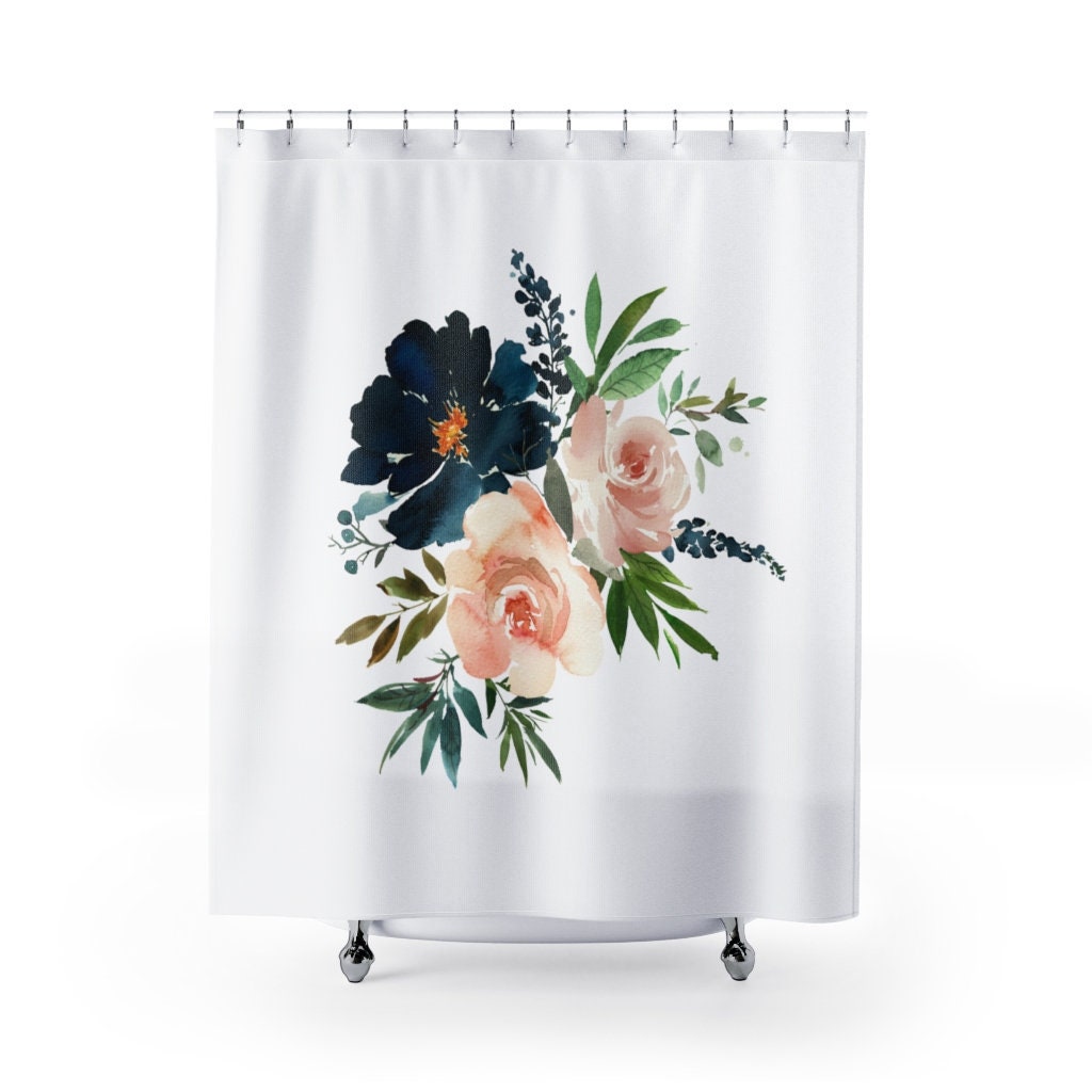 Boho Chic Shower Curtain With A Beautiful Navy Blush Ivory Flower Design - Perfect For Your Bathroom
