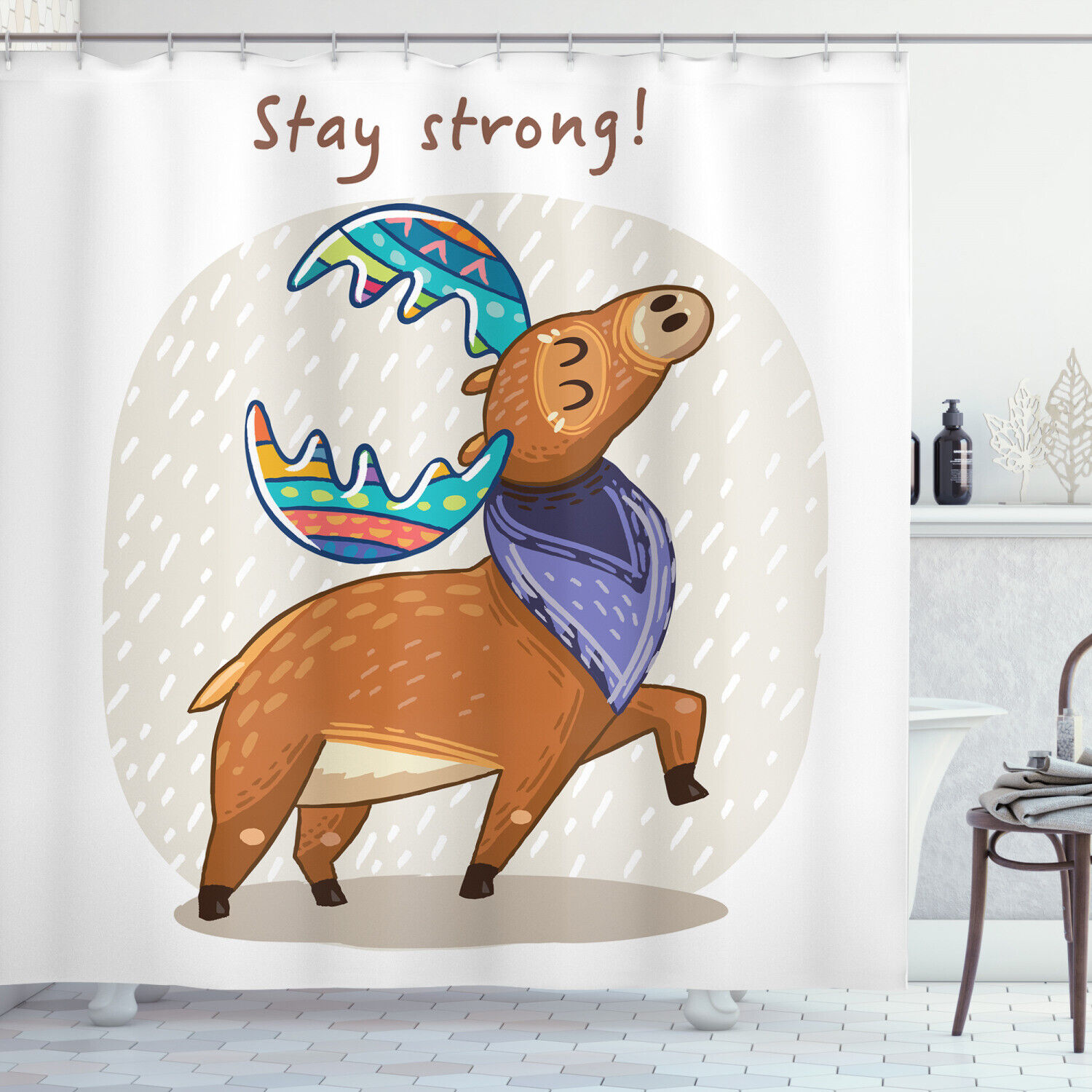 Boho Deer Print Colorful Moose Shower Curtain for Bathroom