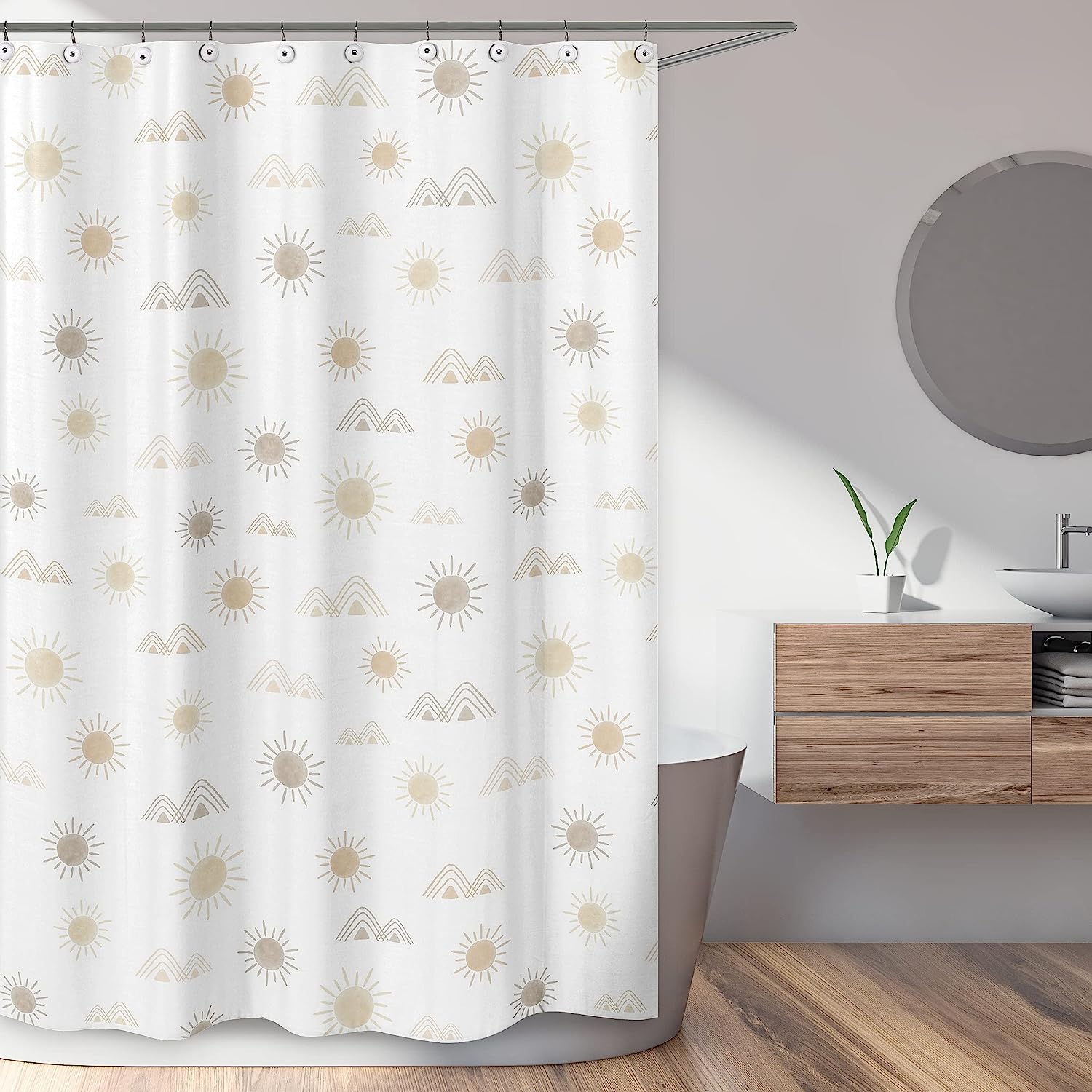 Boho Desert Sun Taupe Print Shower Curtain by Sweet Jojo Designs for Neutral Bathroom Decor