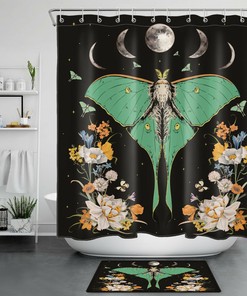 Boho Designed Butterfly Moth Flower Moon Phase Shower Curtain - Retro Bathroom Accessories