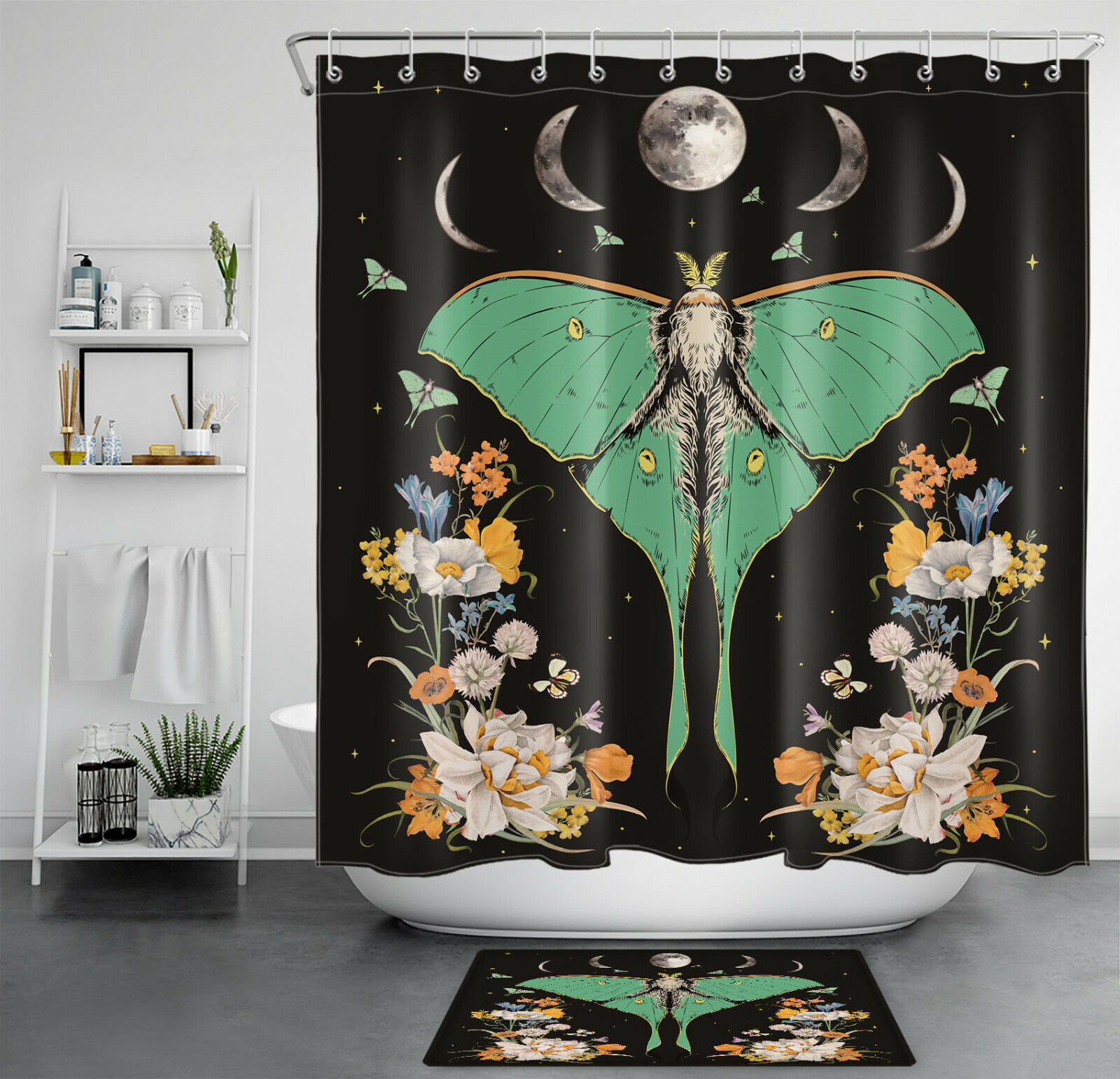 Boho Designed Butterfly Moth Flower Moon Phase Shower Curtain - Retro Bathroom Accessories