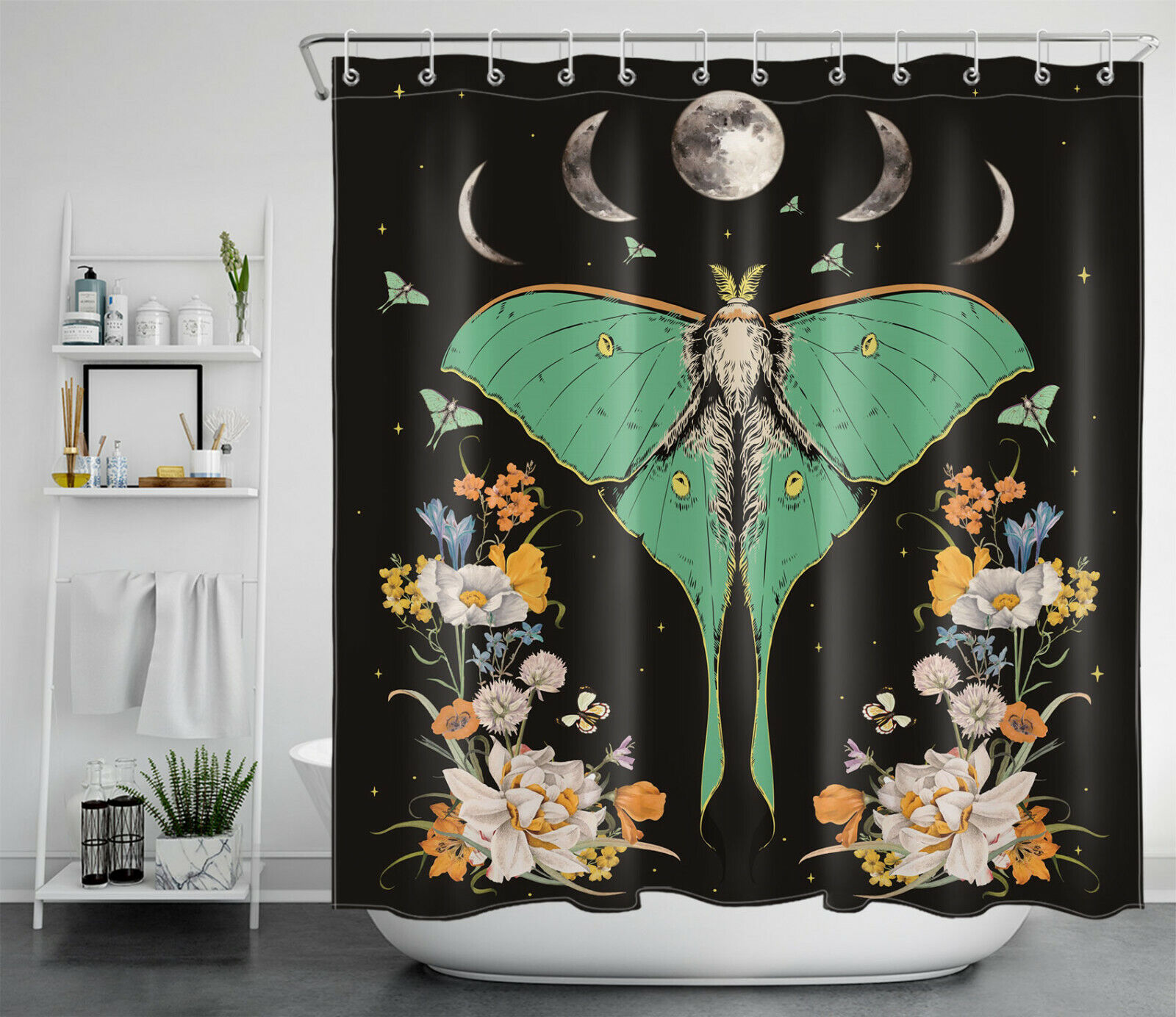 Boho Designed Butterfly Moth Flower Moon Phase Shower Curtain - Retro Bathroom Accessories - Image 2