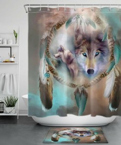 Boho Dream Catcher Brown Blue Shower Curtain with Wild Animal Wolf Design for Dreamy and Rustic Bathroom Decor