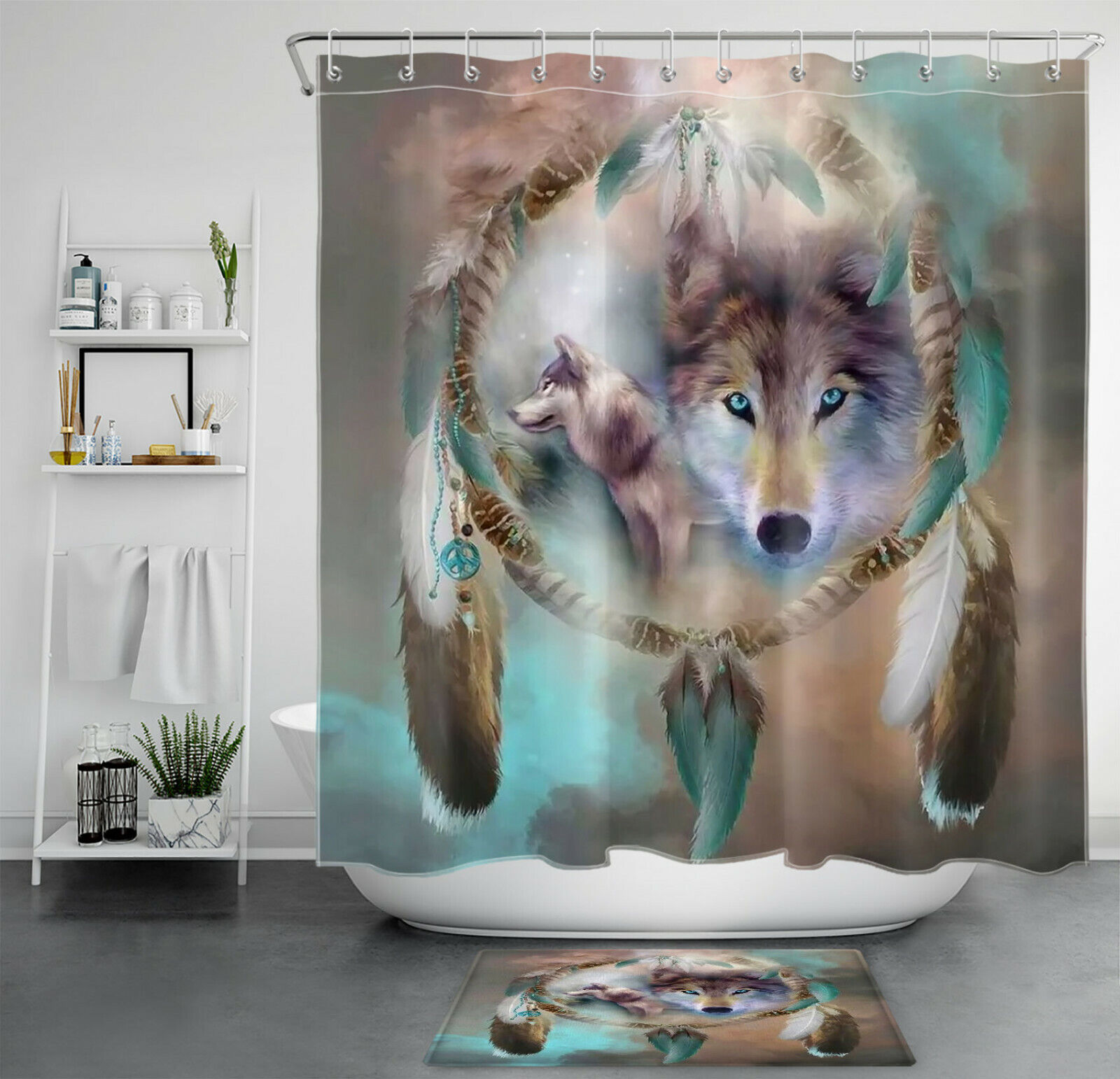 Boho Dream Catcher Brown Blue Shower Curtain with Wild Animal Wolf Design for Dreamy and Rustic Bathroom Decor