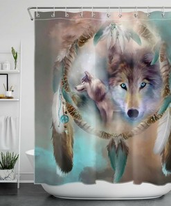 Boho Dream Catcher Brown Blue Shower Curtain with Wild Animal Wolf Design for Dreamy and Rustic Bathroom Decor