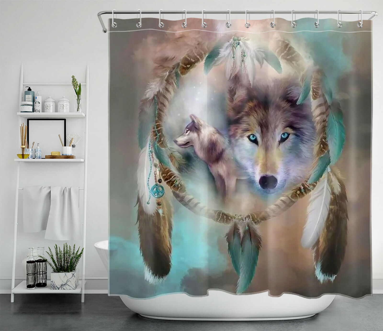 Boho Dream Catcher Brown Blue Shower Curtain with Wild Animal Wolf Design for Dreamy and Rustic Bathroom Decor