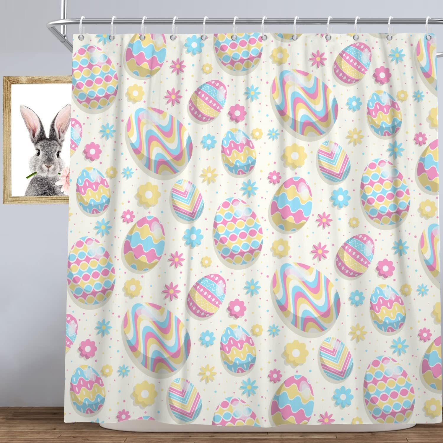 Boho Easter Egg Shower Curtain With Spring Flower And Cute Bohemian Design, Machine Washable