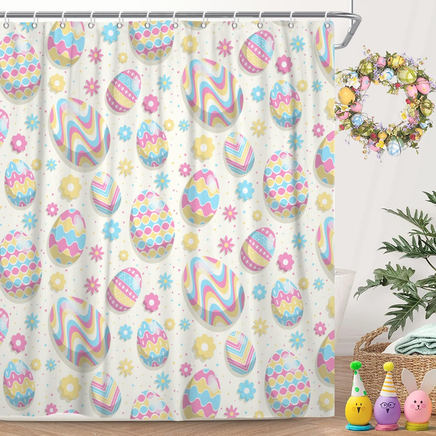 Boho Easter Egg Shower Curtain With Spring Flower And Cute Bohemian Design, Machine Washable