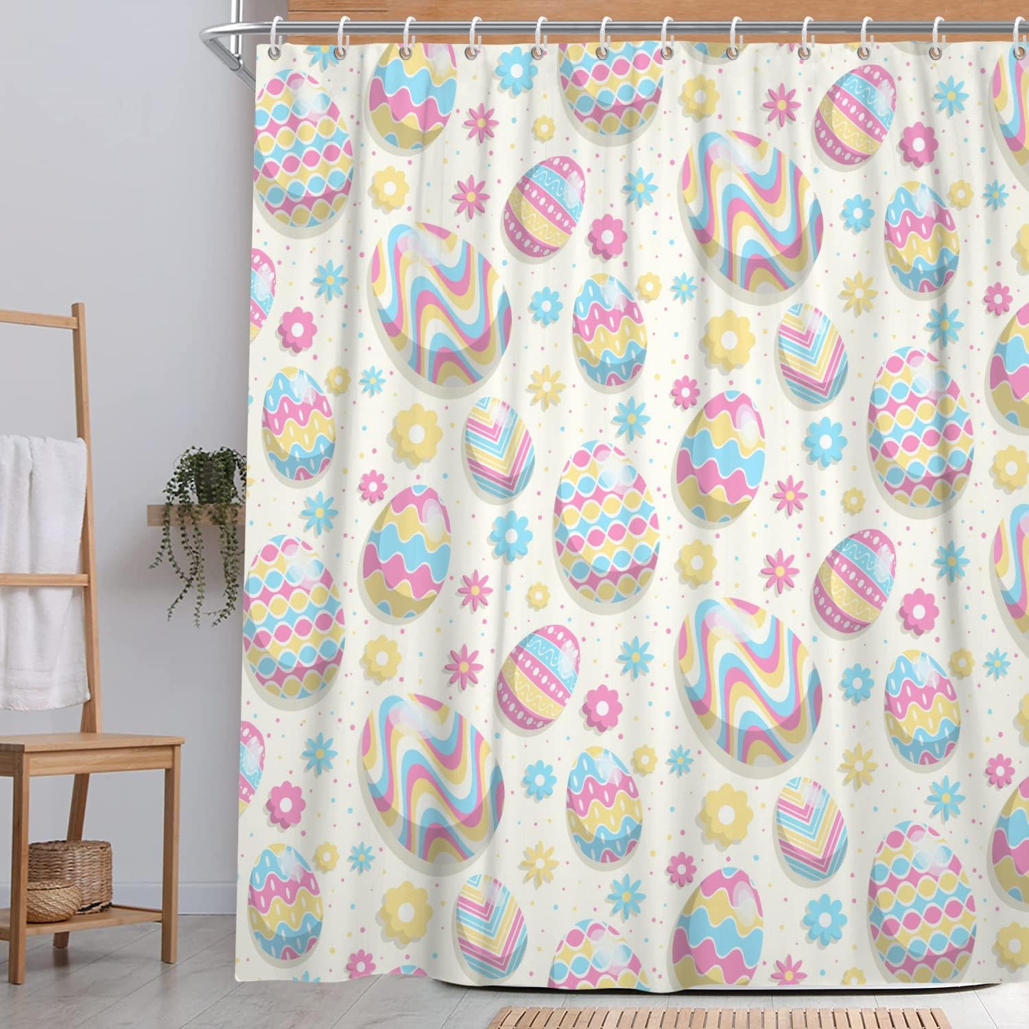 Boho Easter Egg Shower Curtain With Spring Flower And Cute Bohemian Design, Machine Washable