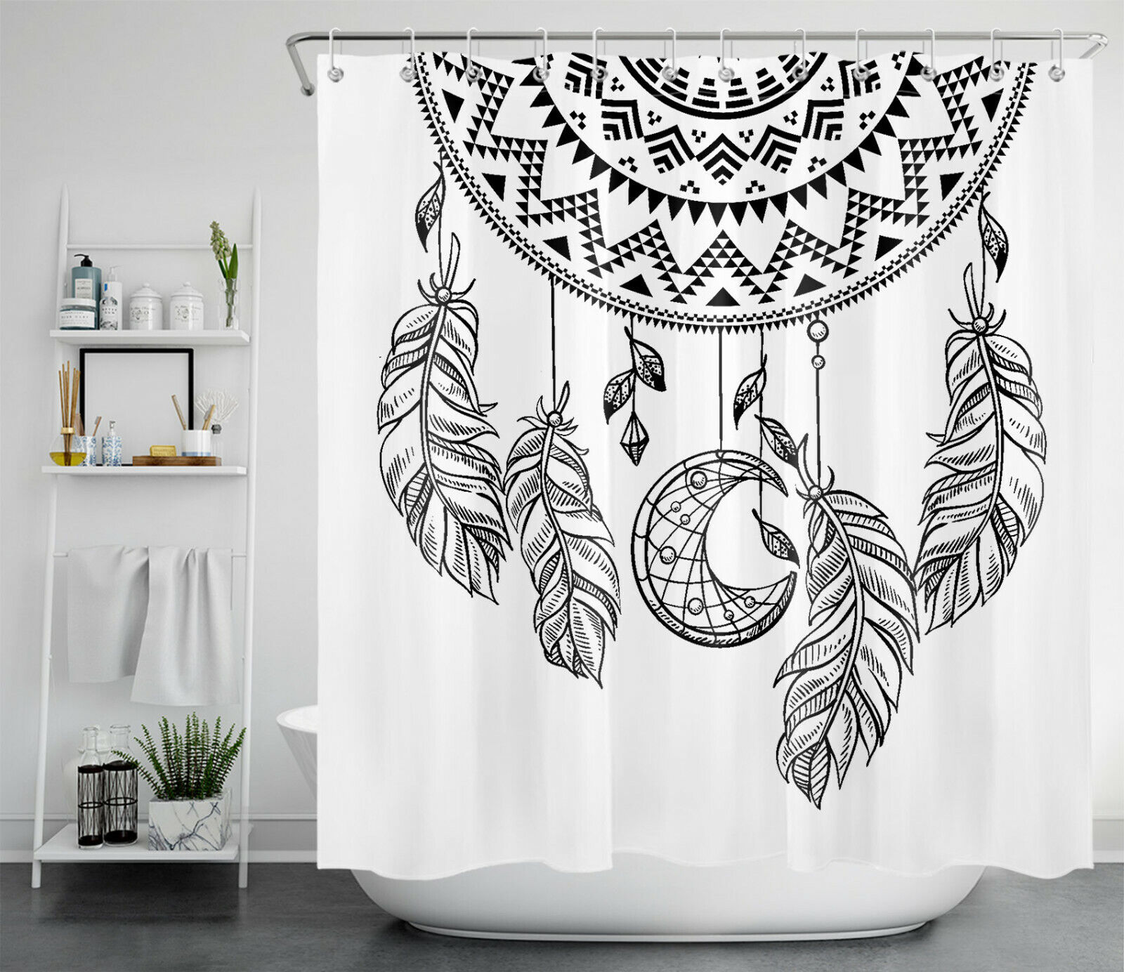 Boho Feather Moon Dreamcatcher Shower Curtain For Chic Bathroom - Image 2