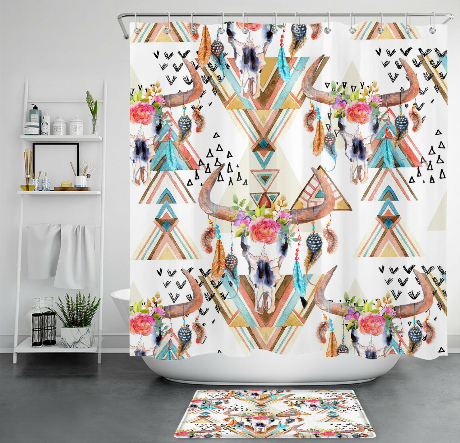 Boho Feather Shower Curtain With Bull Skull Flowers And Geometric Patterns