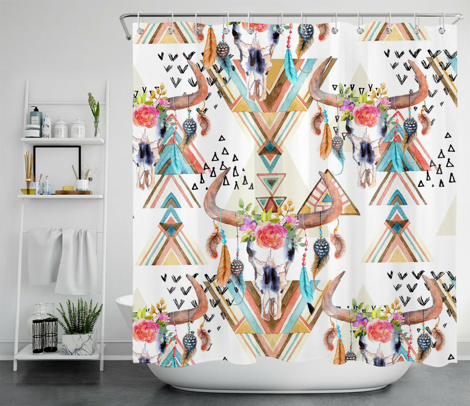 Boho Feather Shower Curtain With Bull Skull Flowers And Geometric Patterns - Image 2