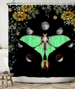 Boho Floral Botanical Shower Curtain With Green Moth And Moon Phase Prints For Your Bathroom 