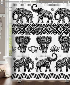Boho Floral Elephant Shower Curtain, Black and White Bathroom Decor 