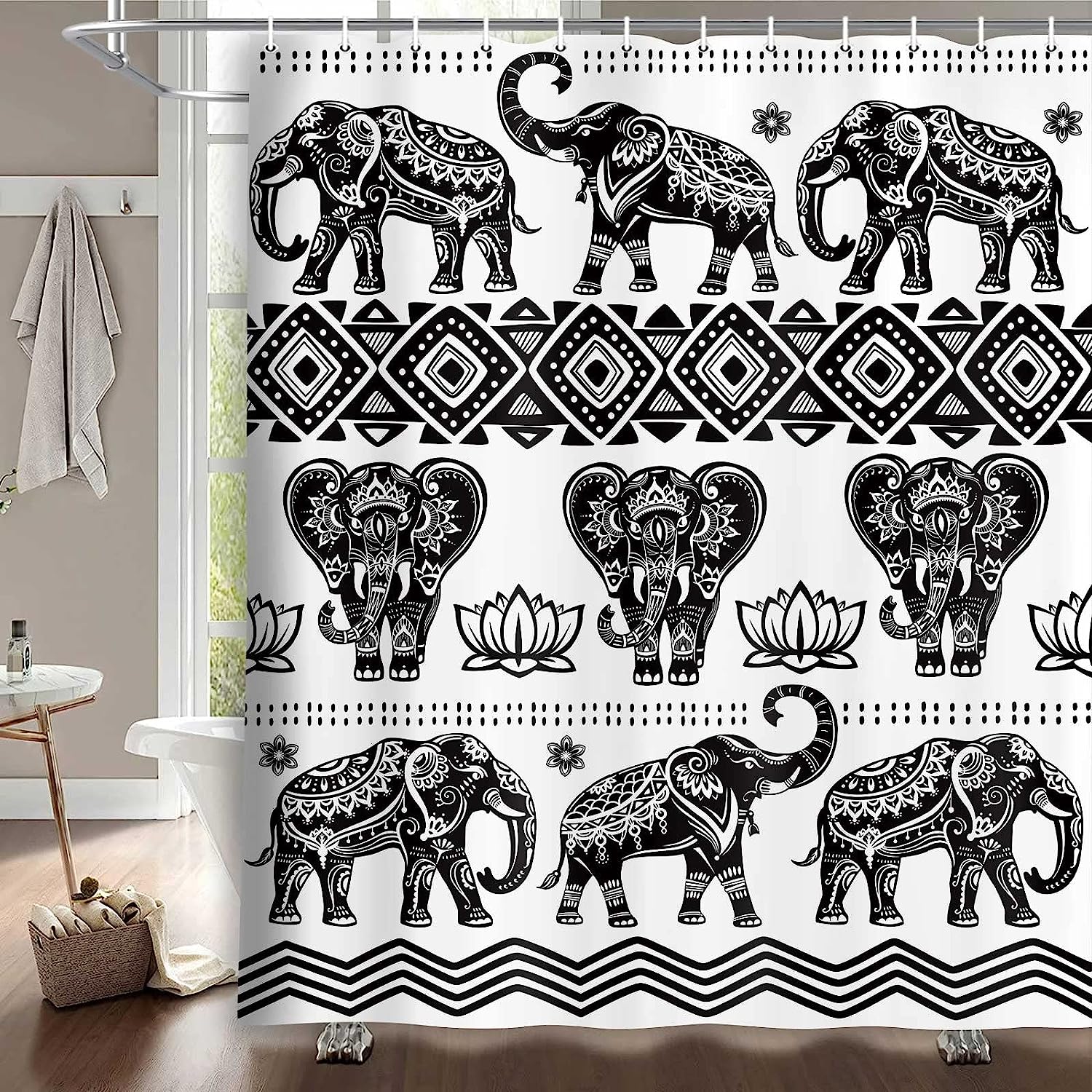 Boho Floral Elephant Shower Curtain, Black and White Bathroom Decor