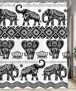 Boho Floral Elephant Shower Curtain, Black and White Bathroom Decor
