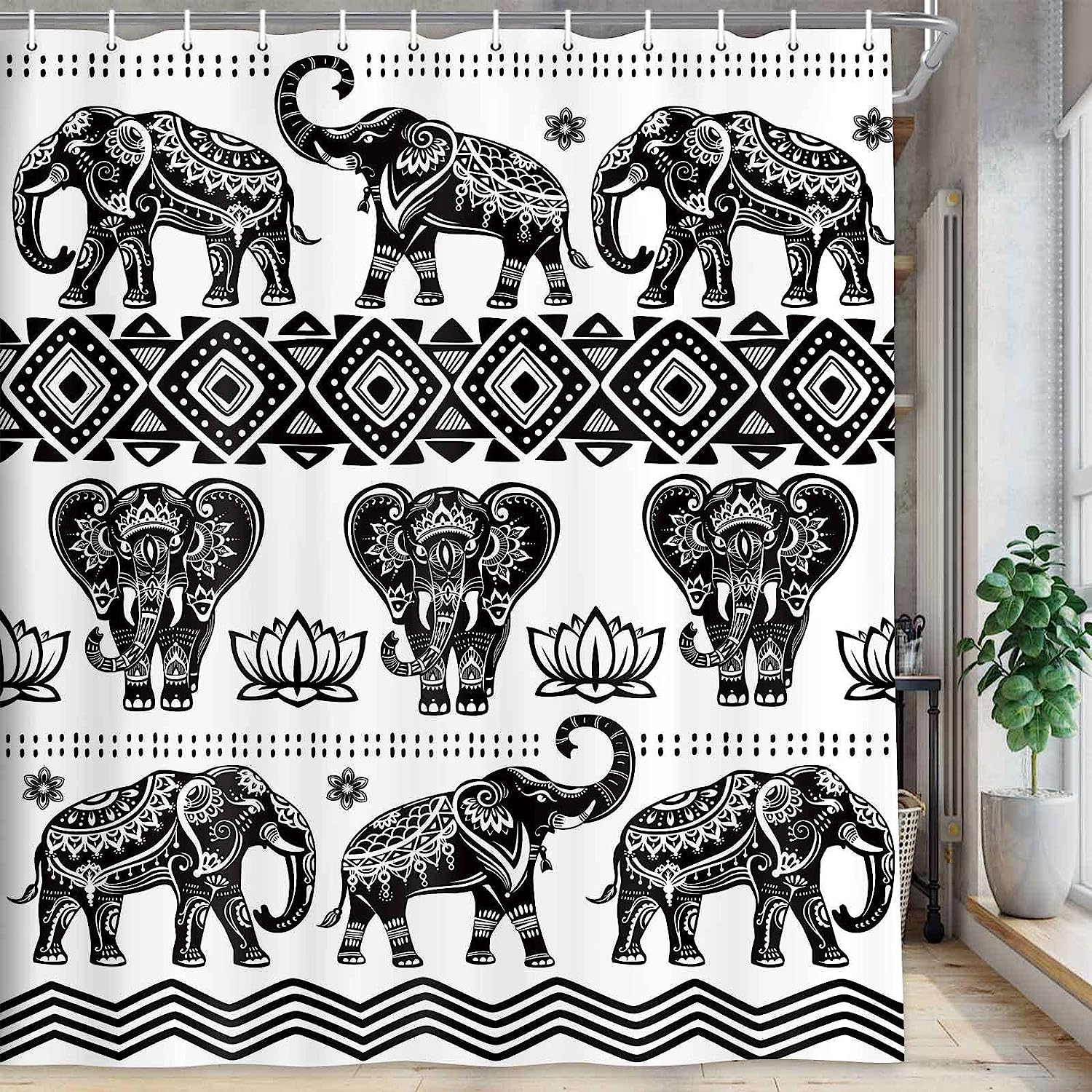 Boho Floral Elephant Shower Curtain, Black and White Bathroom Decor