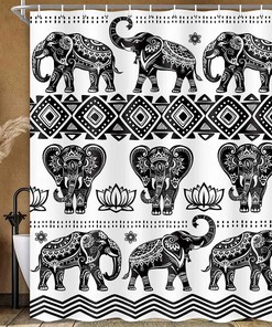 Boho Floral Elephant Shower Curtain, Black and White Bathroom Decor