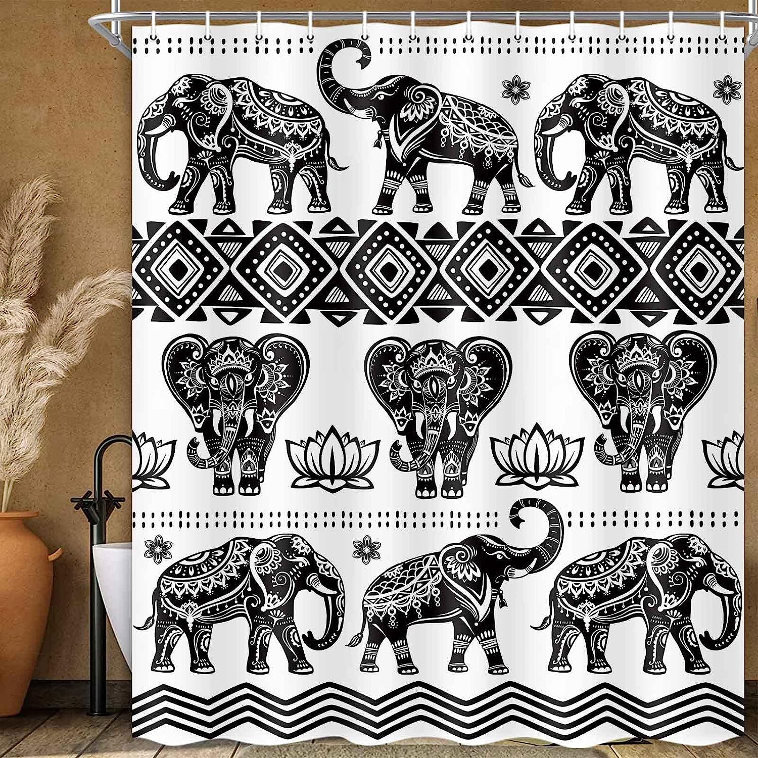 Boho Floral Elephant Shower Curtain, Black and White Bathroom Decor