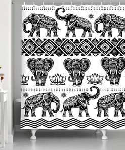 Boho Floral Elephant Shower Curtain, Black and White Bathroom Decor